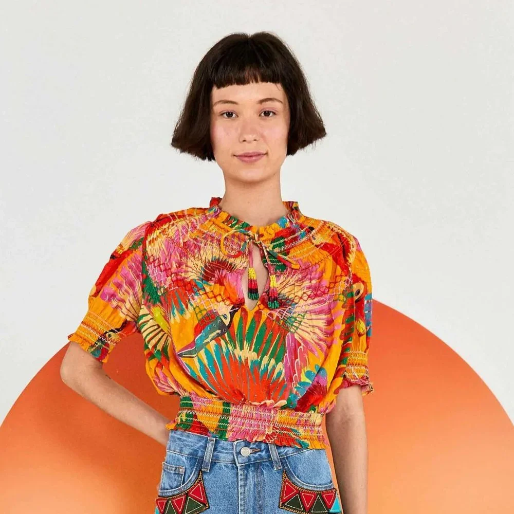 NWOT Farm Rio | Orange Colorful Toucans Embroidered Blouse - Picture 3 of 5